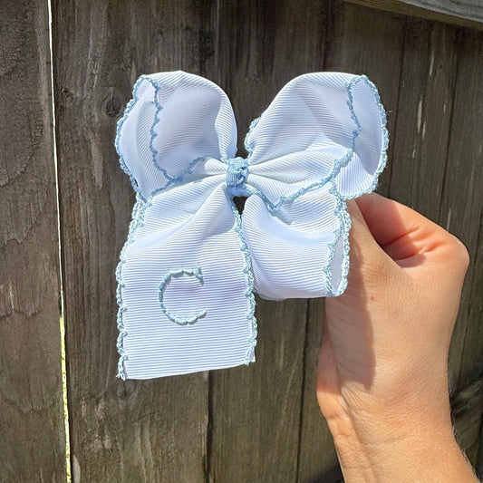5 Inch - White with Light Blue Moonstitch Bow