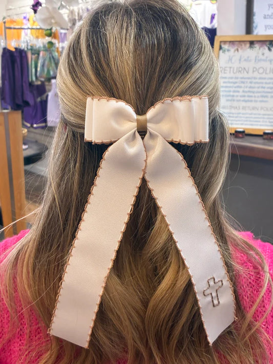 Cross Double Ribbon Moonstitch Longtail Bow - White and Brown Stitching