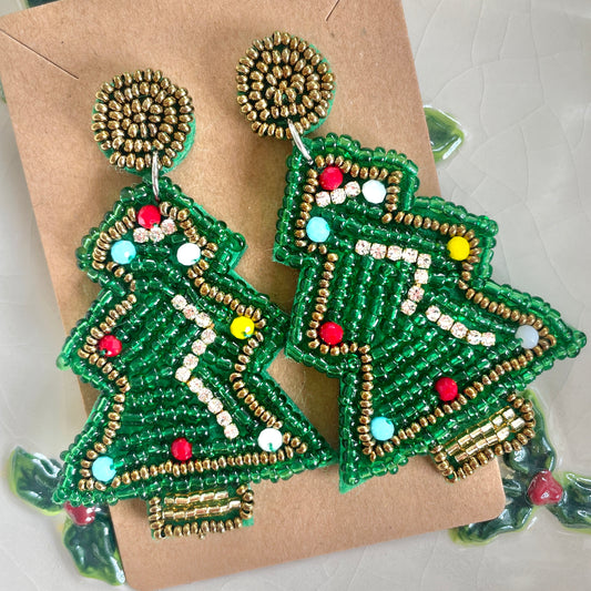 Green Christmas Tree Bead Earrings