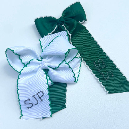 5 Inch - White with Green Moonstitch Bow