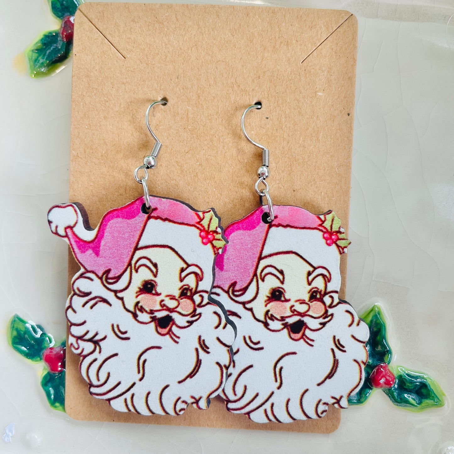 Christmas Pink Santa Claus Drop Earrings