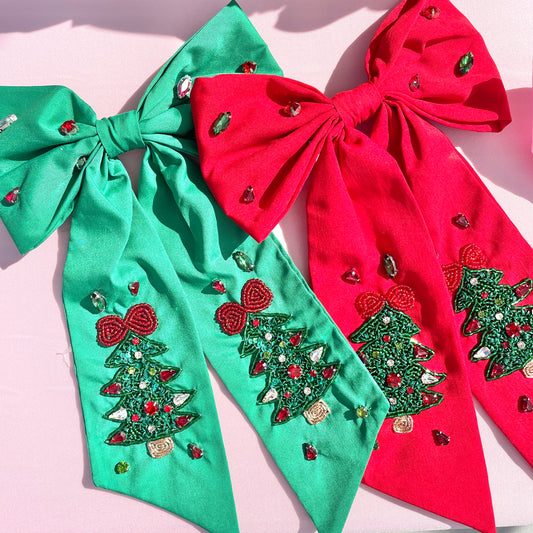 Christmas Beaded Tree Hair Bow (Two Colors)