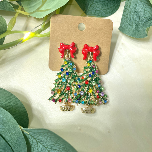 Christmas Tree Red Bow Rhinestone Earrings