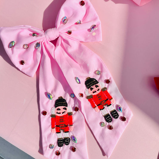 Christmas Beaded Pink Nutcracker Hair Bow