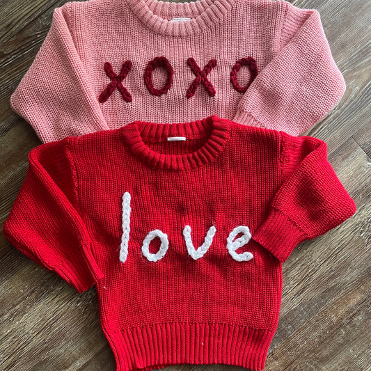 Valentine's Day LOVE Hand Embroidered Longsleeve Sweater - Red