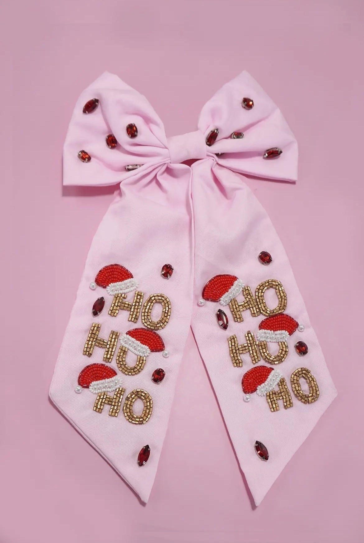 Christmas Beaded Pink Ho Ho Ho Hair Bow