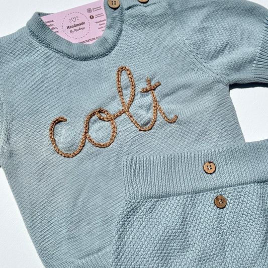 Baby Boy Hand Embroidered Name Blue Knit Diaper Set -Custom