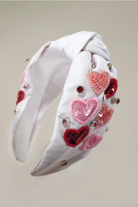 Valentine Sequin Heart Seed Bead Headband - White