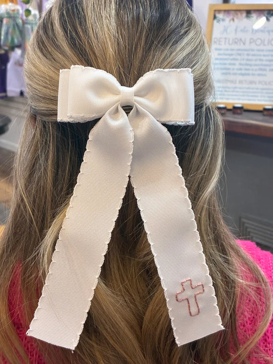 Cross Double Ribbon Moonstitch Longtail Bow - White and Mauve Stitching